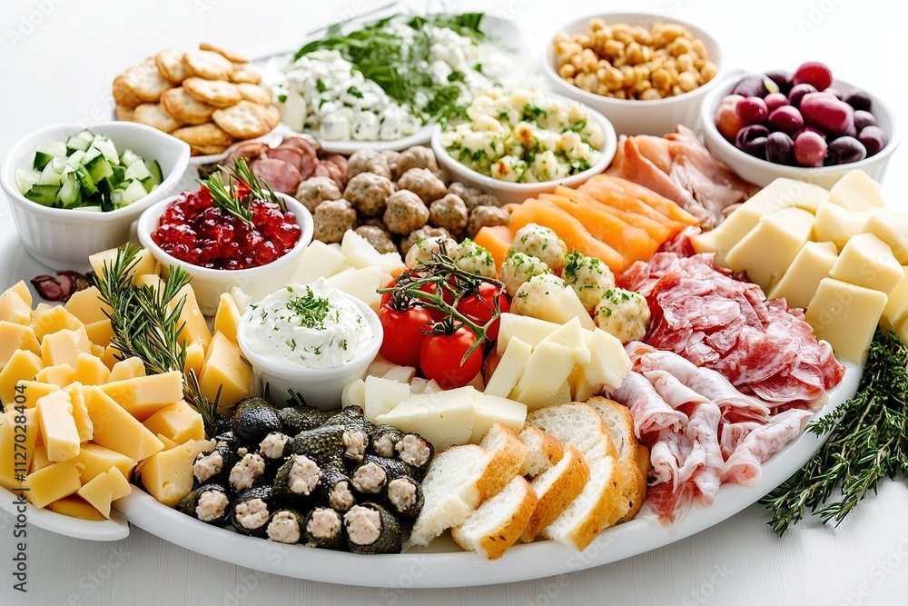 A traditional Swedish smorgasbord with an array of dishes including herring, meatballs, and cheeses. A traditional Swedish smorgasbord with an array of dishes including herring, meatballs, and cheeses.