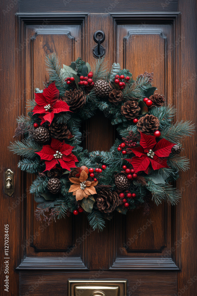 Christmas wreath with red ribbon and pine cones hangs on wooden door Christmas wreath with red ribbon and pine cones hangs on wooden door