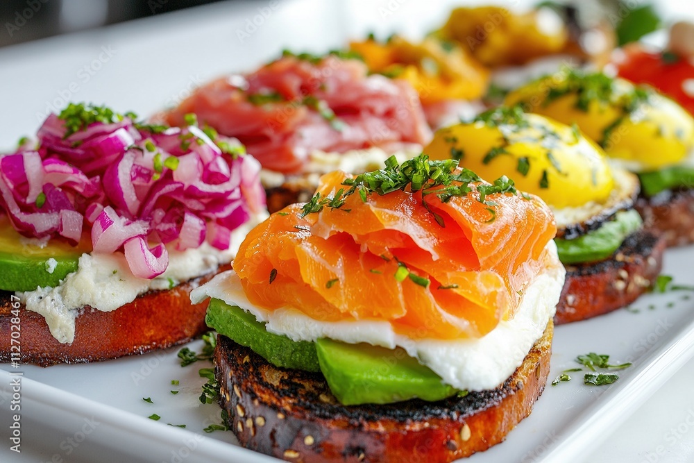 Open-faced sandwiches with salmon, avocado, and eggs. Open-faced sandwiches with salmon, avocado, and eggs.