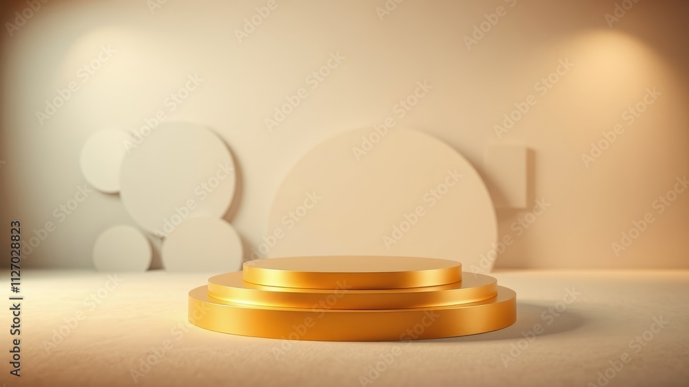 Elegant Gold Tiered Display Platform on Neutral Background Elegant Gold Tiered Display Platform on Neutral Background
