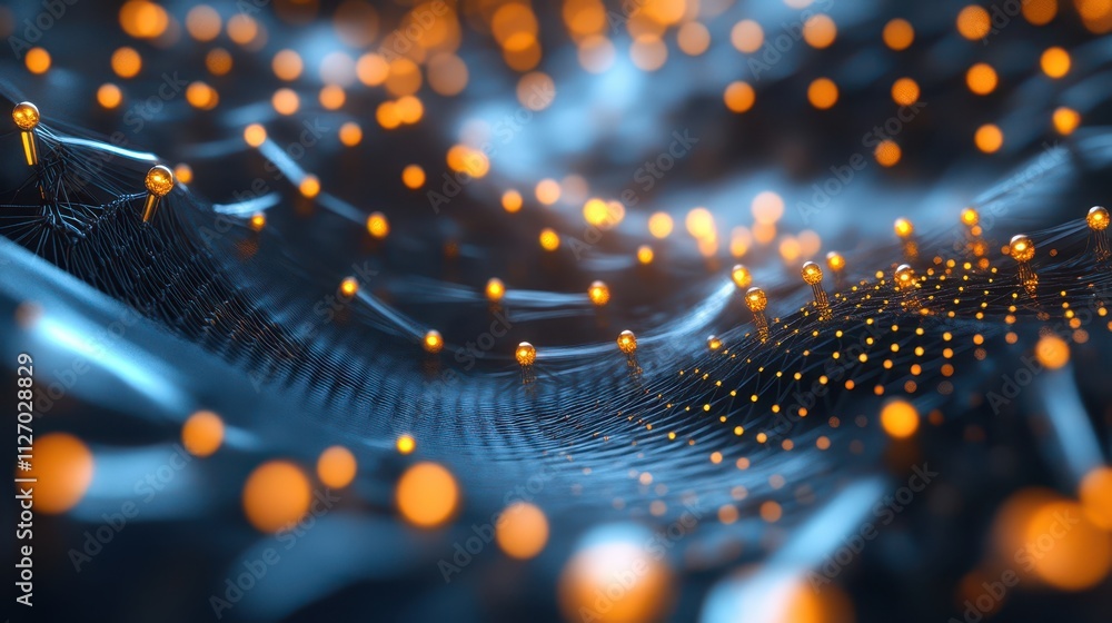 Obraz premium Abstract representation of glowing particles interconnected with a web-like structure in a futuristic digital environment