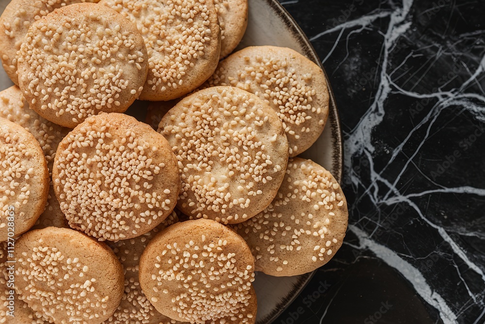 a pile of round, golden-brown cookies with white sesame seeds a pile of round, golden-brown cookies with white sesame seeds
