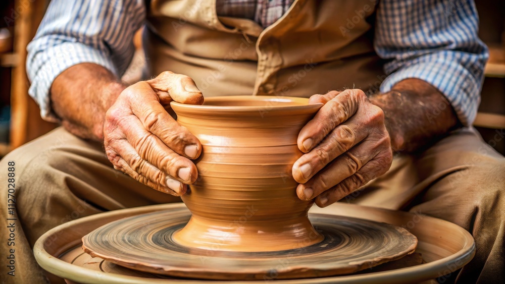 Hands of a potter, creating an earthen jar on the circle