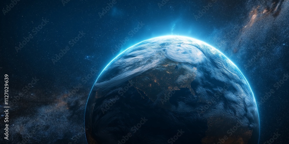 A captivating view of Earth at night from space, illuminated by glowing city lights, with a vibrant atmosphere and a backdrop of endless stars in the galaxy A captivating view of Earth at night from space, illuminated by glowing city lights, with a vibrant atmosphere and a backdrop of endless stars in the galaxy