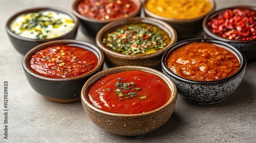 Assorted sauces in bowls with herbs on top. Assorted sauces in bowls with herbs on top.