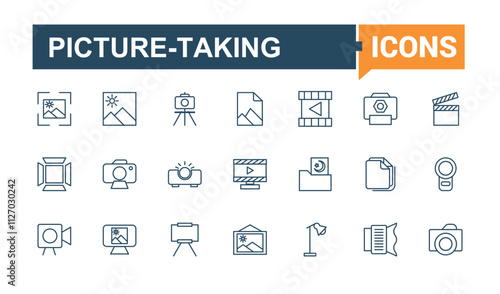 Photography icon set. It contains symbols to photographer, phone, selfie, no, photo, tripod and more. Modern thin icons. Editable vector icon and illustration.