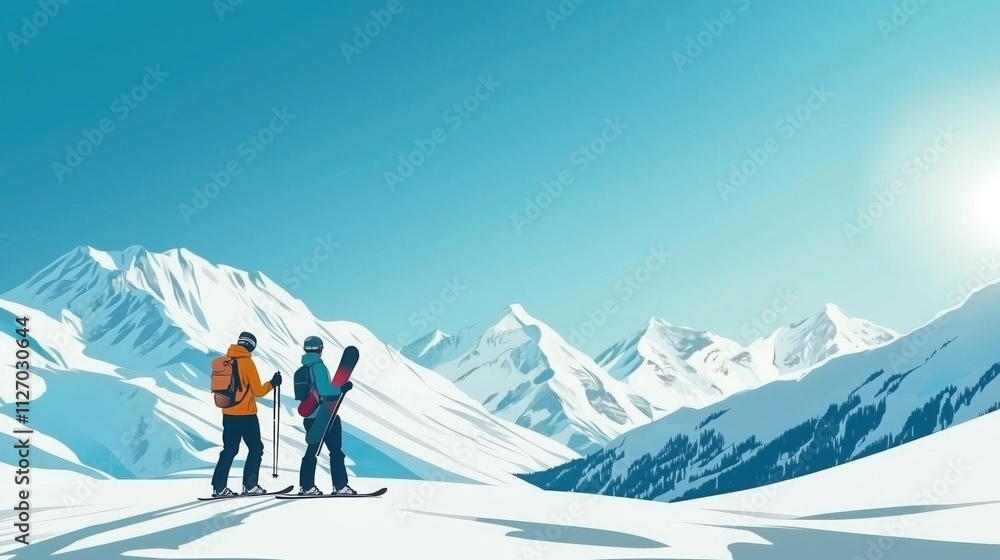 Two winter sports enthusiasts, a skier and a snowboarder, standing on a snowy slope, gazing at majestic, snow-capped mountains under a vibrant blue sky Two winter sports enthusiasts, a skier and a snowboarder, standing on a snowy slope, gazing at majestic, snow-capped mountains under a vibrant blue sky