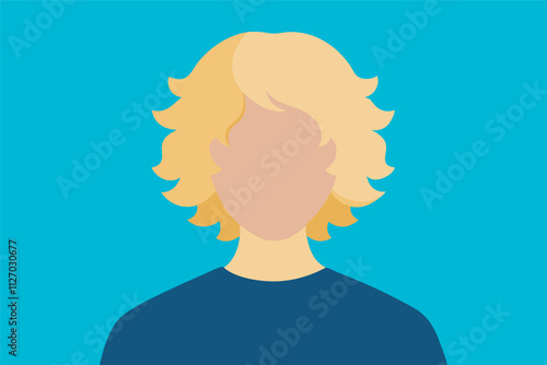 A digital avatar shows a person with blond curly hair, bangs, navy shirt, on light blue-green background, no visible emotion.