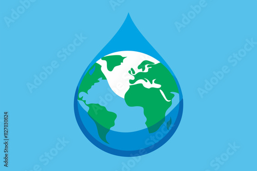  water drop with Earth, Europe & Africa visible. Symbolizes water conservation, stressing need to preserve fresh water resources on Earth.