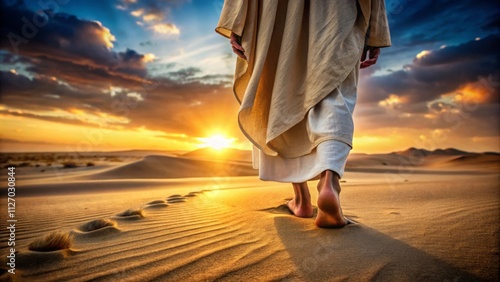 Close up of the feet of Jesus walking on the sand of dessert at sunset