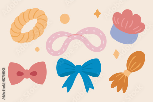 A vibrant image showcases colorful hair accessories like bow knots and hair ties in playful and abstract styles. The collection exudes a cheerful