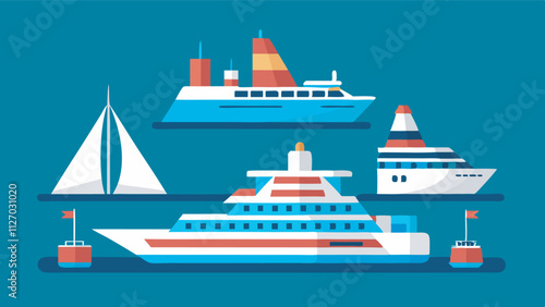Image of 5 watercraft types - sailboat, yacht, cruise liner, river boat, cargo boat - showcasing diverse functions from leisure to transport, reflecting water transportation's diversity.