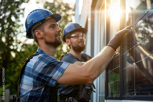 Two technicians installing transparent solar windows, carefully aligning panes photo