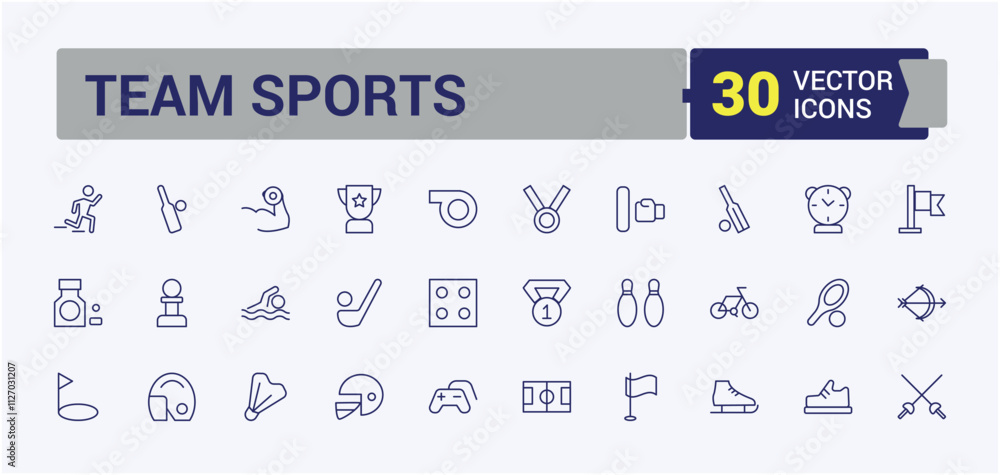 Team Sports line icons set. Includes thin line timer, line, shoes, soccer ball, medical, medal, play and more. Outline symbol collection. Editable vector illustration. Team Sports line icons set. Includes thin line timer, line, shoes, soccer ball, medical, medal, play and more. Outline symbol collection. Editable vector illustration.