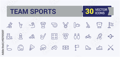 Team Sports line icons set. Includes thin line timer, line, shoes, soccer ball, medical, medal, play and more. Outline symbol collection. Editable vector illustration.