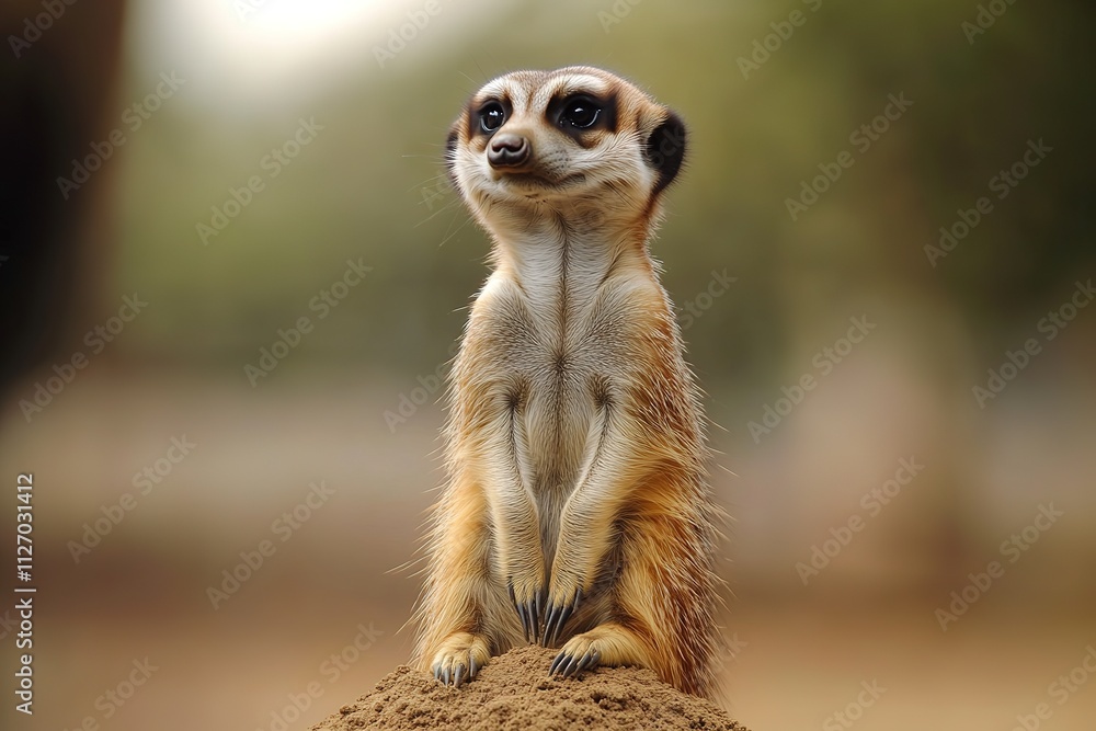 close-up shot of playful meerkat standing upright on mound scanning its surroundings with curiosity close-up shot of playful meerkat standing upright on mound scanning its surroundings with curiosity