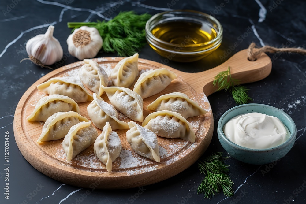 a wooden board with several dumplings a wooden board with several dumplings