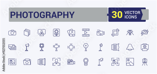 Photography icon set. It contains symbols to photographer, phone, selfie, no, photo, tripod and more. Modern thin icons. Editable vector icon and illustration.