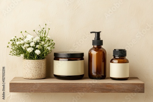 Amber cosmetic bottles and white flowers resting on wooden shelf, wellness and minimalism concept