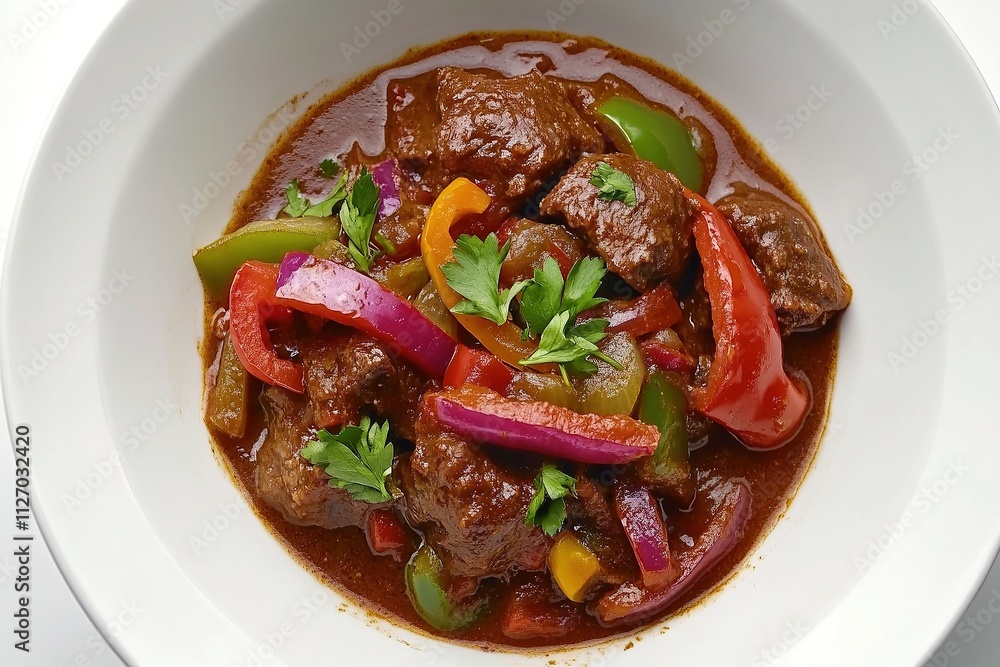 Hungarian lecsó stew served in a white bowl, vibrant colors of peppers, tomatoes, and onions, garnished with parsley. Hungarian lecsó stew served in a white bowl, vibrant colors of peppers, tomatoes, and onions, garnished with parsley.
