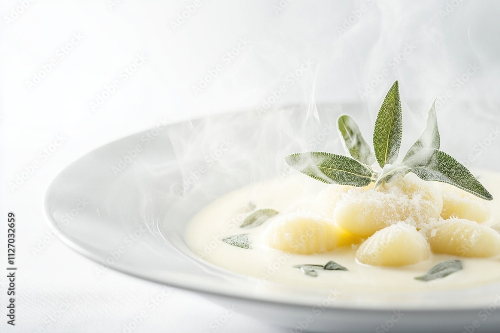 Gnocchi with sage and steam in a white bowl. Gnocchi with sage and steam in a white bowl.