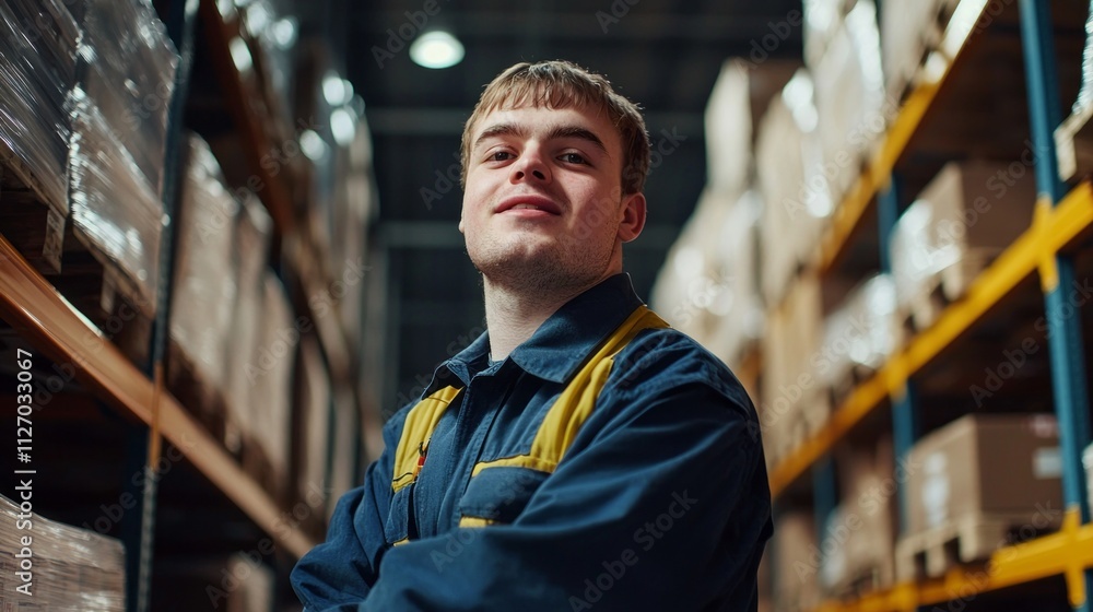 In a lively warehouse setting, a young man with Down syndrome stands confidently between tall shelves filled with assorted boxes In a lively warehouse setting, a young man with Down syndrome stands confidently between tall shelves filled with assorted boxes