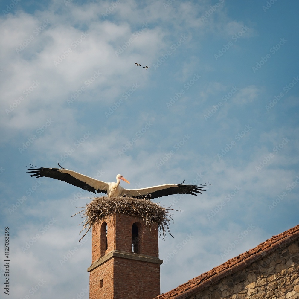 A stork flying back to its massive nest on a church steeple. A stork flying back to its massive nest on a church steeple.