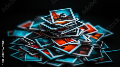 Photos Collection of colorful vintage photos stacked artistically on a dark background