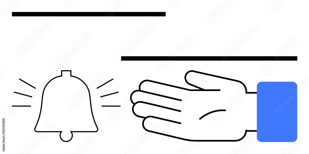 Bell with sound lines, hand gesture with blue cuff, three horizontal lines. Ideal for user interface design, alerts, notifications, attention, communication modern design minimalism. Line metaphor Bell with sound lines, hand gesture with blue cuff, three horizontal lines. Ideal for user interface design, alerts, notifications, attention, communication modern design minimalism. Line metaphor