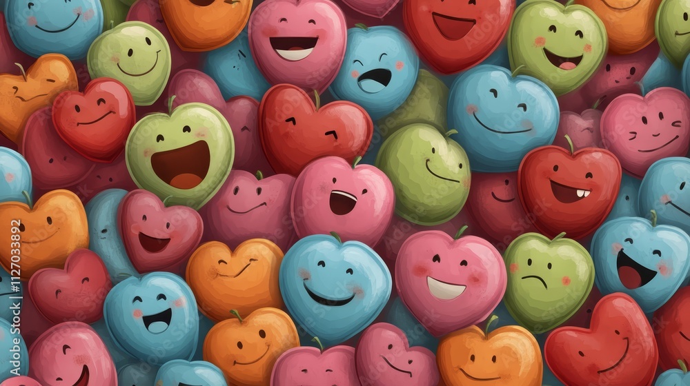A colorful fiesta of fruits with happy smiling faces, vibrant and cheerful assortment A colorful fiesta of fruits with happy smiling faces, vibrant and cheerful assortment