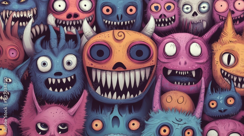 A colorful collection of cartoon monsters with wide open mouths in playful scene A colorful collection of cartoon monsters with wide open mouths in playful scene