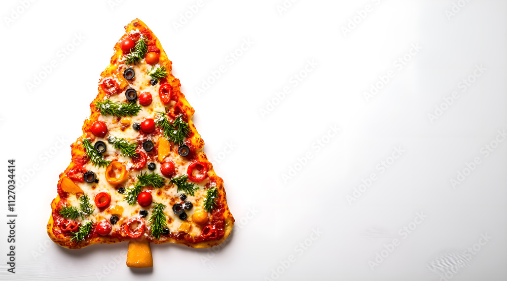 Christmas tree shaped pizza on white background with space for text, top view Christmas tree shaped pizza on white background with space for text, top view