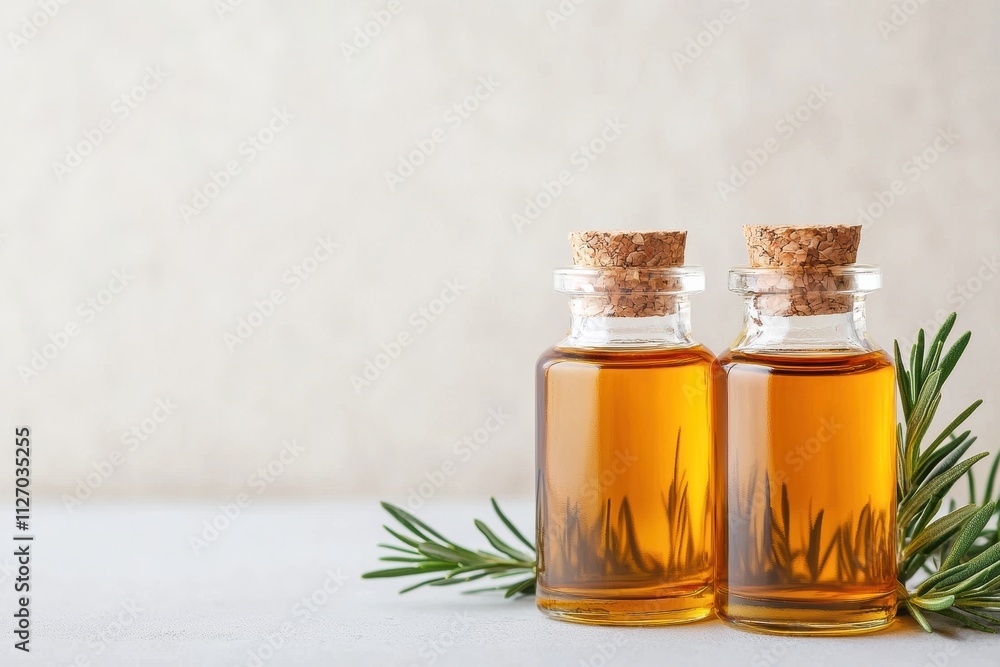 Rosemary essential oil in glass bottles with cork lids on neutral background Rosemary essential oil in glass bottles with cork lids on neutral background