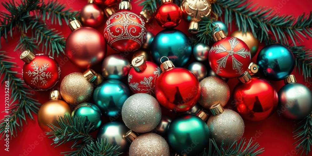 A Festive Collection of Red, Green, and Gold Christmas Ornaments with Pine Branches on a Red Background A Festive Collection of Red, Green, and Gold Christmas Ornaments with Pine Branches on a Red Background