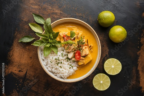 a bowl of yellow curry served with basil