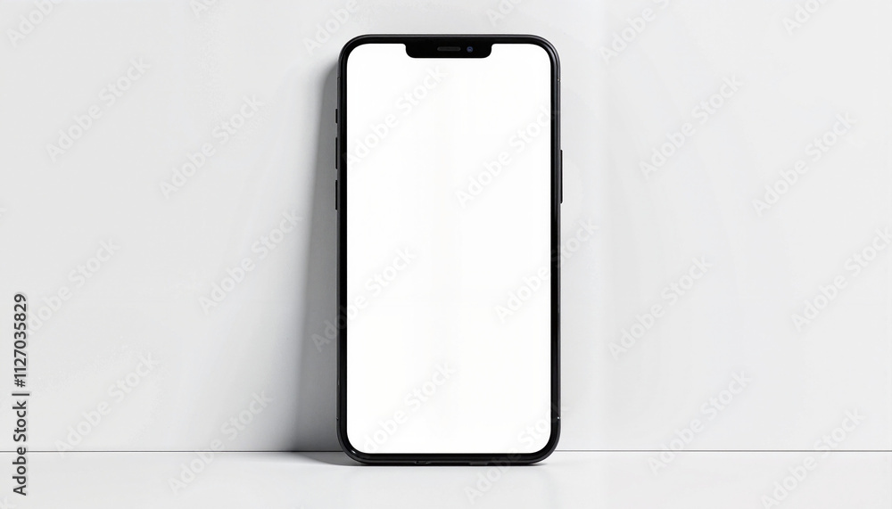 Smartphone with blank screen on the white wall background
Smartphone with blank screen on the white wall background