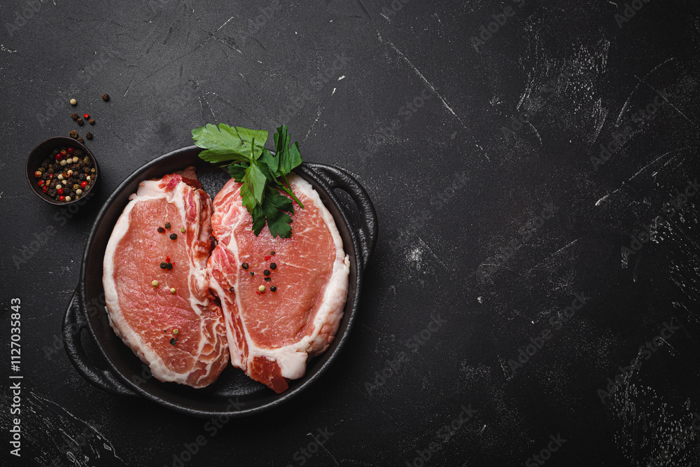 Cut raw meat pork steaks with seasonings in black cast iron pan, dark rustic stone background top view, ready for roasting. Pork loin chops cooking with space for text Cut raw meat pork steaks with seasonings in black cast iron pan, dark rustic stone background top view, ready for roasting. Pork loin chops cooking with space for text