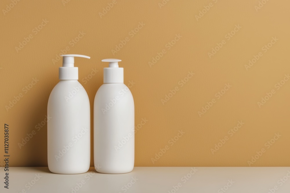 Two white sleek lotion bottles displayed on beige surface Two white sleek lotion bottles displayed on beige surface