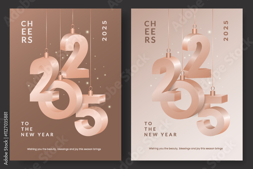 Happy New Year 2025 design of 3D numbers in  trendy color Mocha Mousse. Set of trendy modern banner, poster or greeting card template.