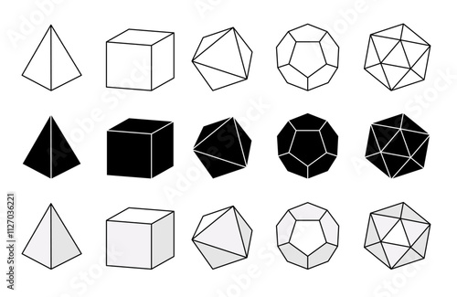 3d Geometric Solid Form Clipart or Dice Shape Blank Templates, Geometry Illustrations, Outline, Silhouette Stamp and Color