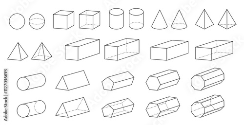 3d Geometric Forms and Solid Shapes Clipart, Geometry and Math Illustrations, Outlines with Dashed Lines on a Transparent Background