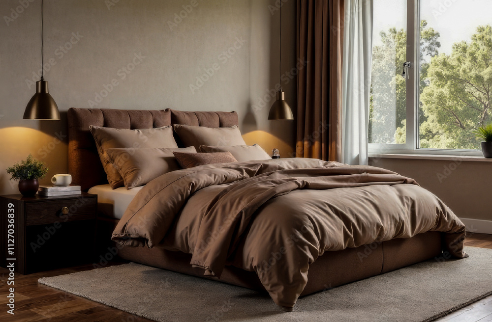 Fototapeta premium the interior of the bedroom is in the trendy mocha mousse color. modern fashion trends.