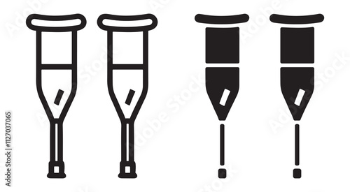 Crutches outline and black filled icon set. Vector illustration.