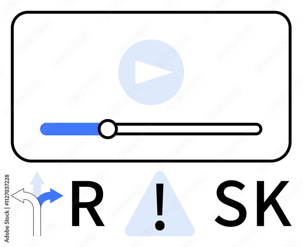 Video progress bar with play icon above the word RISK featuring arrows pointing in different directions and an exclamation mark. Ideal for risk assessment, decision making, project management Video progress bar with play icon above the word RISK featuring arrows pointing in different directions and an exclamation mark. Ideal for risk assessment, decision making, project management