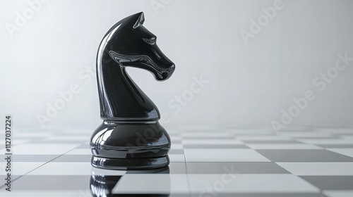 A high-quality close-up of a single chess piece df, a glossy black knight, isolated on a clean white background for strategy themes. photo