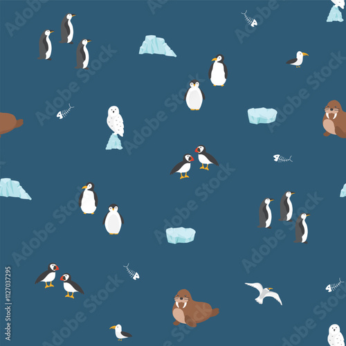 Polar animals seamless pattern. Cute Cartoon arctic animals background. Vector Illustration.