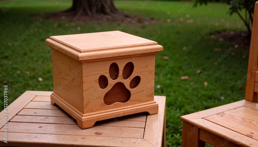 Natural wood urn with paw cutout on outdoor table Natural wood urn with paw cutout on outdoor table