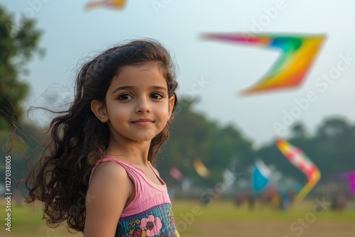 A little girl, with long curly hair and big brown eyes, wearing colorful , stands in front of the camera, smiling at the viewer while flying kites on a bright day. photo