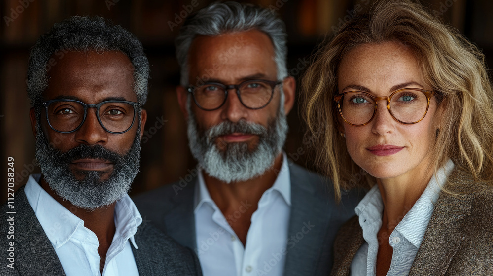Three individuals with stylish glasses and gray hair pose together in a warm indoor location, showcasing a relaxed and friendly atmosphere Three individuals with stylish glasses and gray hair pose together in a warm indoor location, showcasing a relaxed and friendly atmosphere