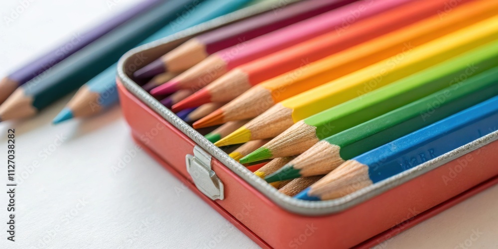 Naklejka premium A Close Up View of a Colorful Set of Wooden Pencils in a Red Tin